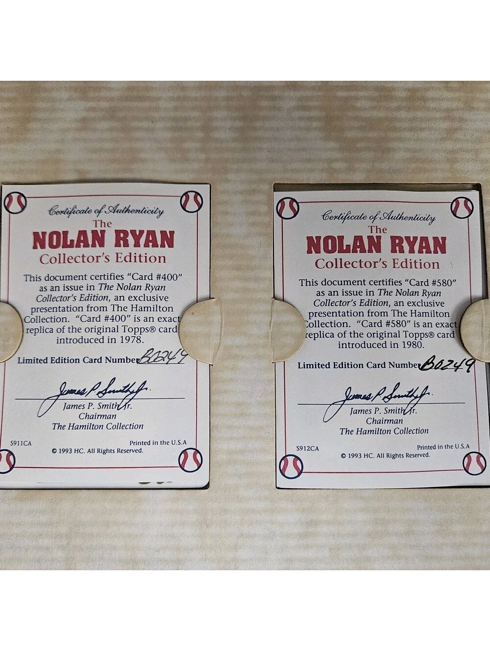 Nolan Ryan Hamilton Collection 1993 Set 12 Porcelain Cards with Individual COA s